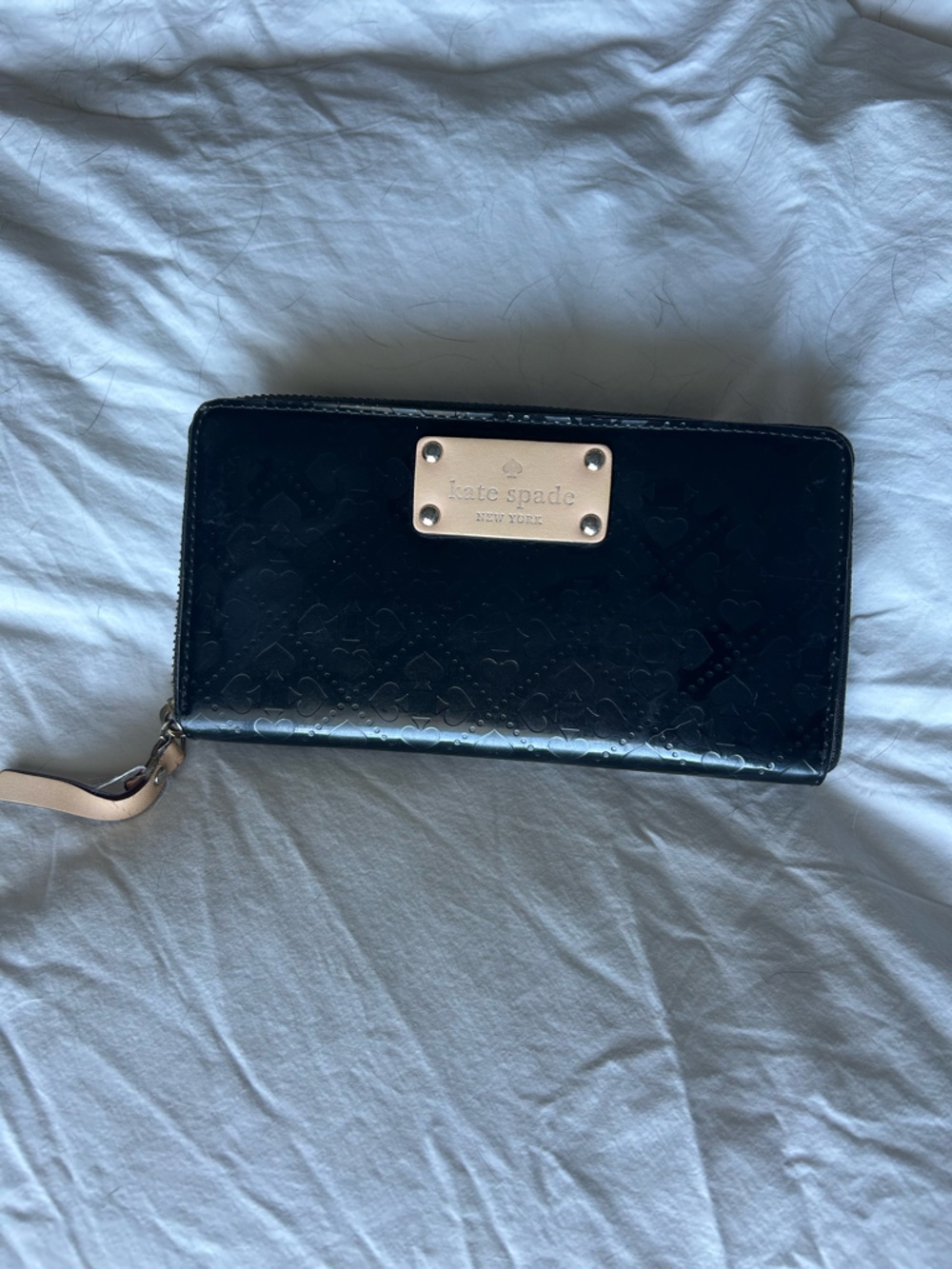kate spade Black Patent Heart-Embossed Zip Wallet with Gold Plate